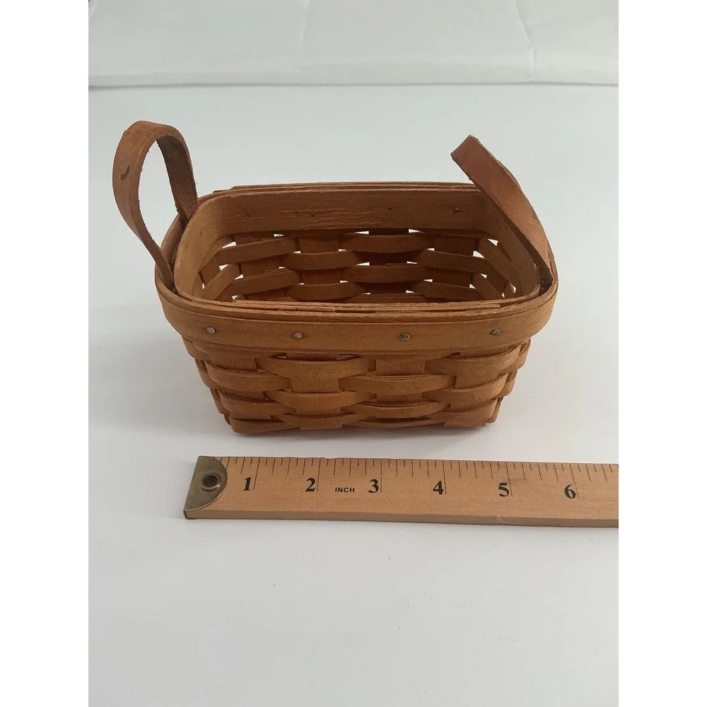 Longaberger 1990 Miniature Handwoven Basket with Leather Handles Natural Wood